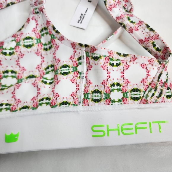 SHEFIT Flex Sports Bra White Pink Green Geometric Floral Print Size Smalll NWT - Picture 11 of 16